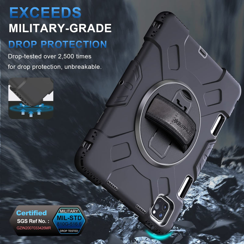 SUPFIVES Case for iPad Pro 11 inch (2022/2021/2020), Upgraded Military Grade Shockproof Protector Silicone iPad Pro 11 4th Gen Cover Pencil Holder+ Handle+ Shoulder Strap+ Rotating Kickstand, Black Ipad pro 11 inch 2022/2021/2020/2018