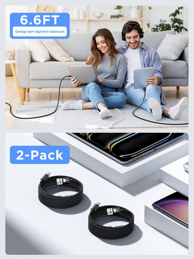 USB C Cable, [Pack of 2 2 m] 3.1A Charging Cable USB C Nylon Type C Fast Charging Cable USB to USB C Cable for Samsung Galaxy S25 S24 S23 S22 Ultra S9 S8 A55 A54 A52 A51, Note 10, iPhone 16 15, Huawei 2 m + 2 m black