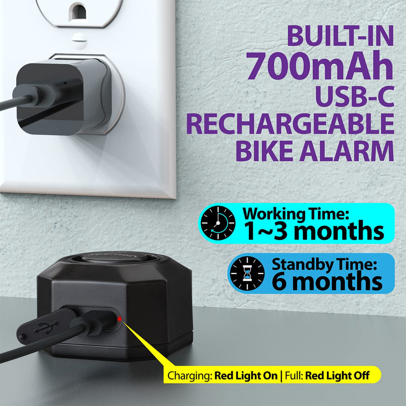 Fosmon USB-C Rechargeable Bike Alarm with Remote, IP55 Waterproof Wireless 110dB Loud Anti-Theft Vibration Motion Sensor Vehicle Tracker Alarm Security System for Bicycle, E-Bike, Motorcycle, Scooter 1 Pack - 110dB IP55
