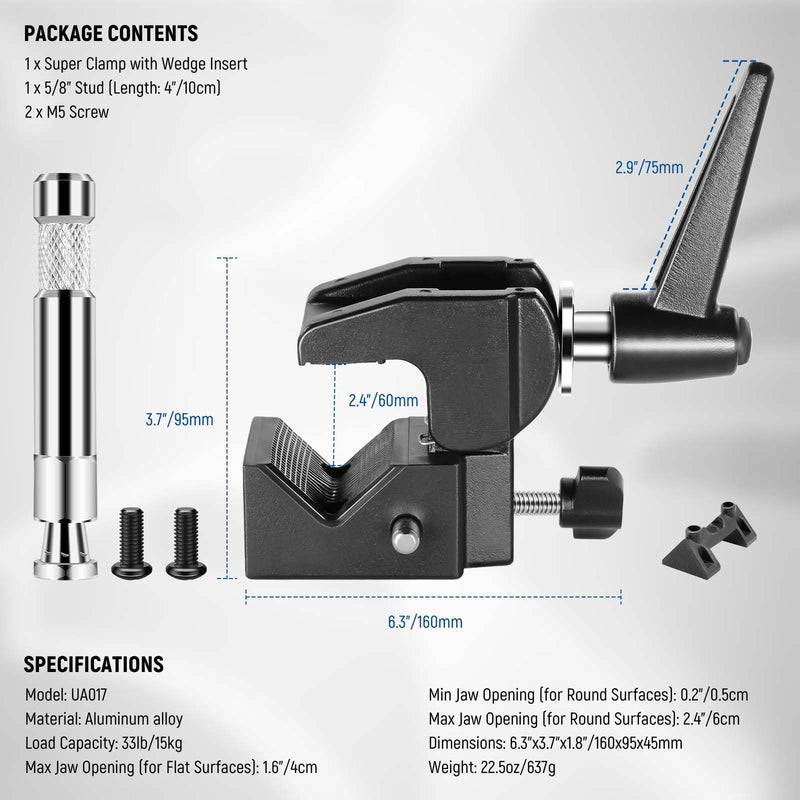 [AUSTRALIA] - NEEWER Super Clamp with 5/8" Stud, Spring Lock, 2.4"/6cm Jaw Grip Heavy Duty Crab Pole Clamp for Round Pipe Flat Surface, for Photography Studio Camera & Lighting Mounting, Max Load 33lb/15kg, UA017 UA017(1 Pack） 