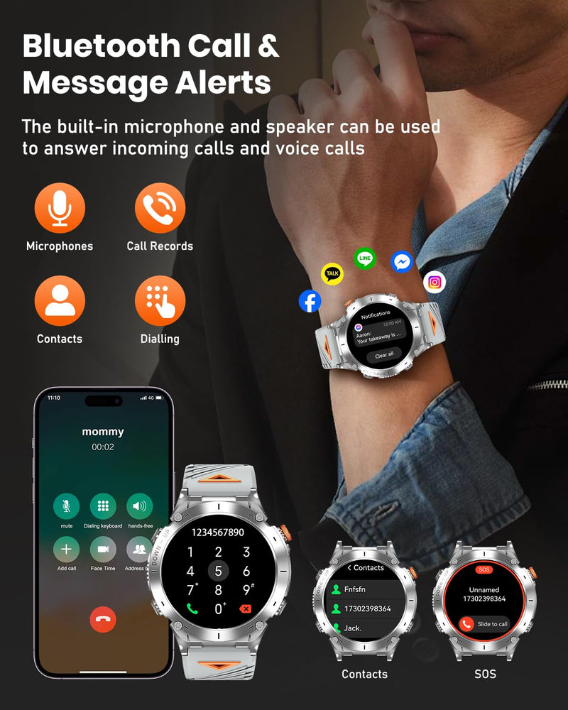 Military Smart Watch, 1.43" AMOLED Display, GPS, Bluetooth Calling, 730mAh Battery, 170+ Sports Modes, 3ATM Waterproof