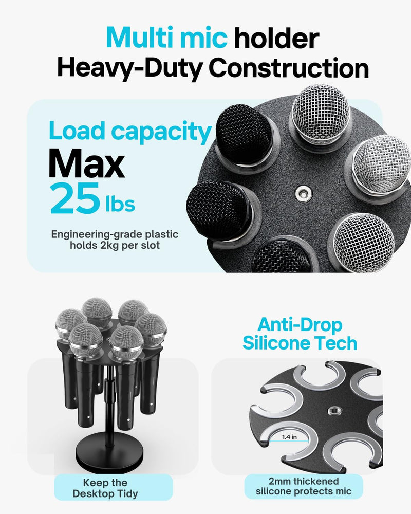 Desk Mic Stand with Multi Microphone Holder|Heavy Metal Base Anti-Tip Design|Adjustable Height Stand for Podcast&Studio|Holds 6 Mics|Clip & Mount Adapter for Shure SM57/SM58/SM7B,Blue Yeti,Fifine Mics