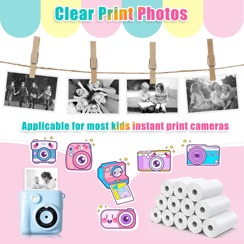 12 Rolls Instant Print Camera for Kids Refill Print Paper - Hikkon Thermal Print Paper Rolls Photo Print HD Printing for Most Kids Instant Camera (White) White