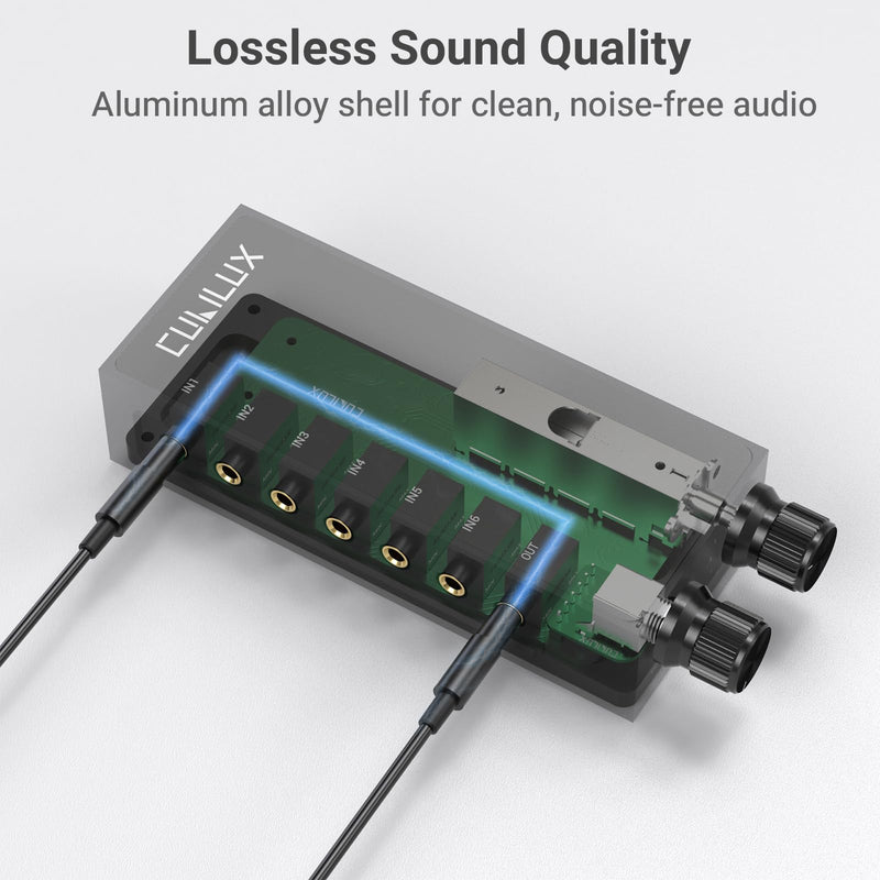 Cubilux 3.5mm 6-in-1 Stereo Audio Switcher with Volume Control & Mute, 6 Input to 1 Output Audio Selector Box for Headphones, Speakers, Laptop, PC, Smartphone, and Tablet
