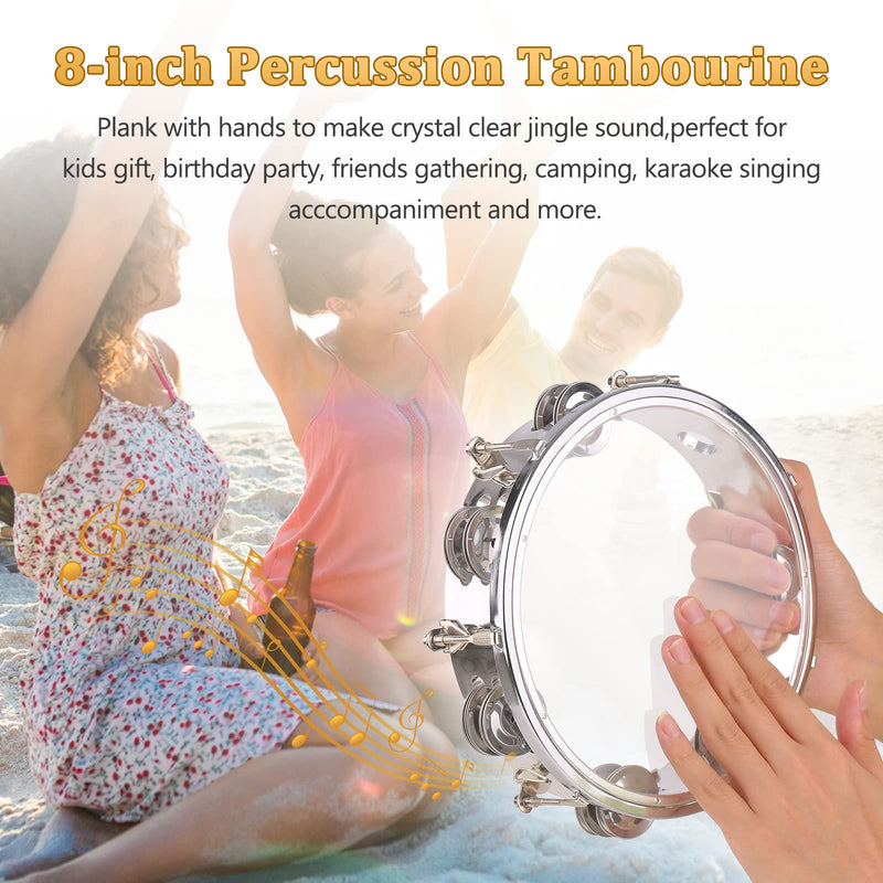 Tambourine, Handbell, Jingle Bell Double Row Metal Cymbals Drum Instrument, Handheld Percussion for Dancing, Singing, Karaoke, Music Class (8-inch) 8-inch