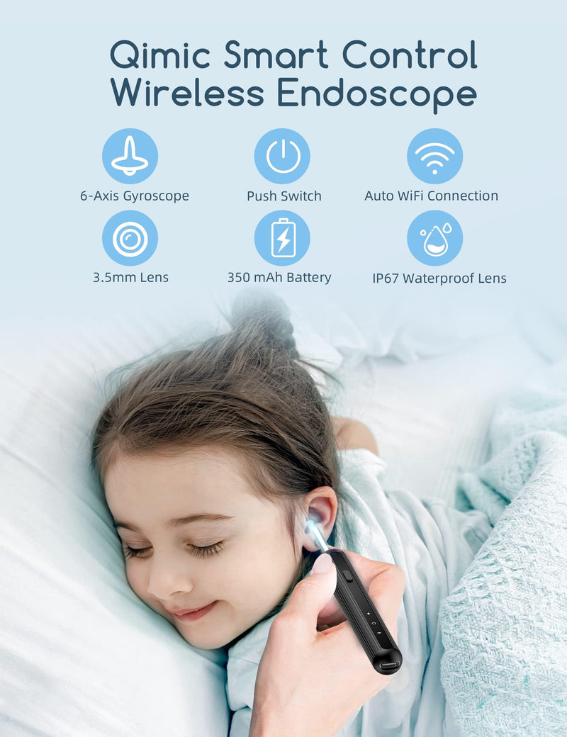 Earwax Remover Otoscope, Qimic WiFi Ear Cleaner, 1080P Ultra Thin HD Wireless Waterproof Ear Mirror with 3.5 mm Lens and 6 LEDs for iPhone, iPad and Android Smartphones Black