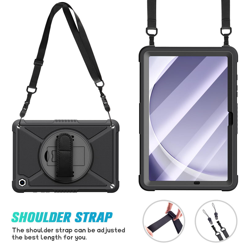 ZtotopCases for Samsung Galaxy Tab A9+ / A9 Plus 11'' 2023 (SM-X210/X216/X218), Shockproof Hard Duty Case with Screen Protector+360 Rotating Hand Strap&Stand+Shoulder Strap for Tab A9+ Tablet, Black A9 11Inch Black