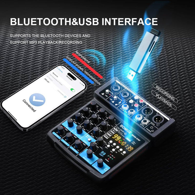 [AUSTRALIA] - BOMGE 4 Channel mini DJ Audio Sound Mixer Interface with MP3、 USB, Bluetooth, Stereo Recording, 48V Phantom Power, 99 DSP for karaoke, performance, church singing, podcas streaming BLACK-04F 