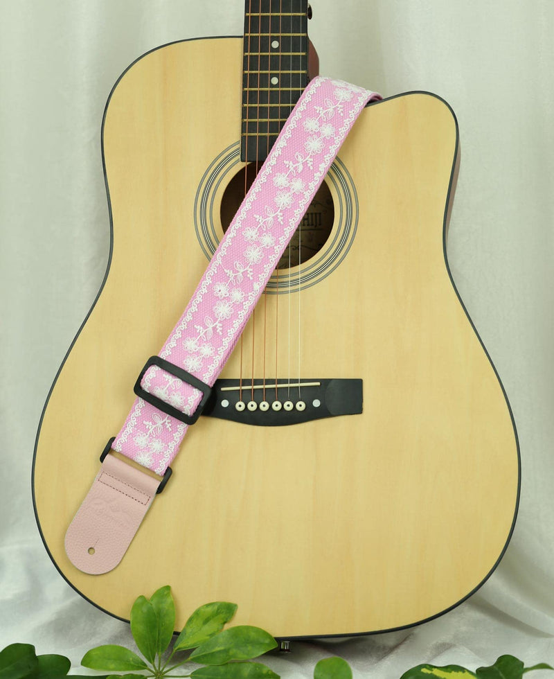 ALLZEDREAM Guitar Strap,Genuine Leather Ends,Lace Sequins Original Design (Lace Pink) Lace Pink