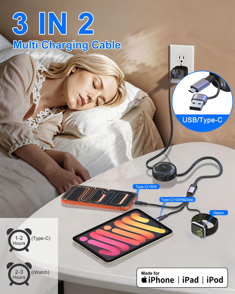 Retractable Multi Charging Cable 100W - 3 in 2 Travel Portable Retractable Charger Cords with 2 USB C and iWatch Charger Port for iPhone 17/16/15 Series, iPad, Apple Watch 11/10/9/8/7/SE Series, 4FT