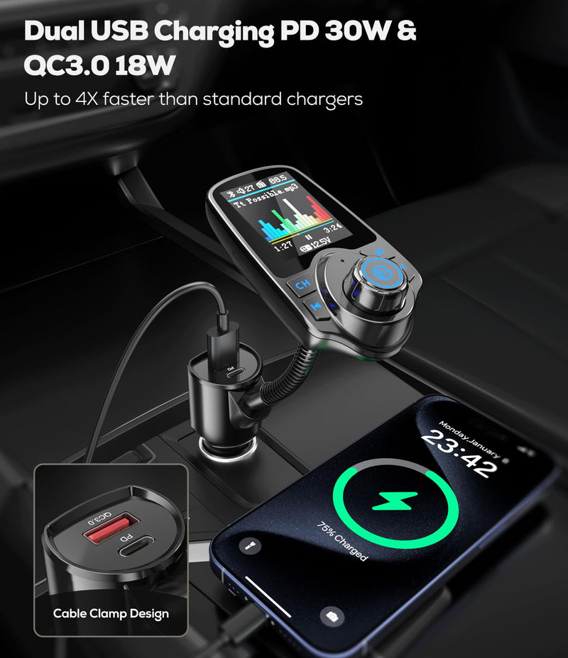 [AUSTRALIA] - Nulaxy [2026 KM18 Upgraded Version] 1.8" Color Screen 48W Bluetooth 5.4 Car Adapter, Dual Fast Charging Ports [PD 30W & QC3.0 18W] Wireless Radio FM Transmitter, Hands-Free Call, 7 EQ Modes, Black 
