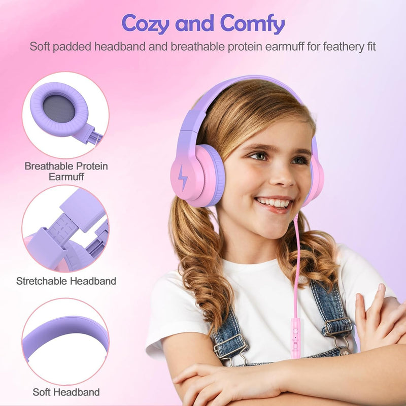 Candy Bila Wired Kids Headphones for School, Over-Ear for Boys Girls | Volume Limiter 85/94dB, HD Stereo Sound, Microphone and Wired Control, Foldable Design Gradient Blue, Gradient Purple