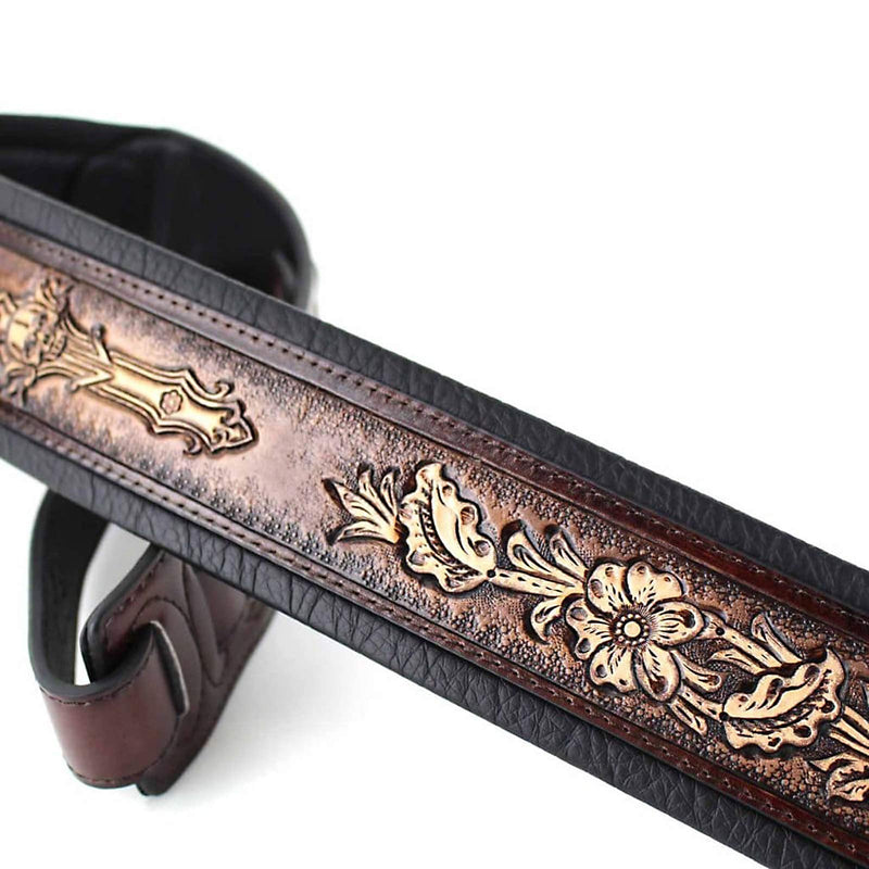 Walker & Williams KB-02-BRN Rustic Brown Carved Leather Padded Guitar Strap With Floral Skull & Christian Cross For All Acoustic, Electric And Bass Guitars