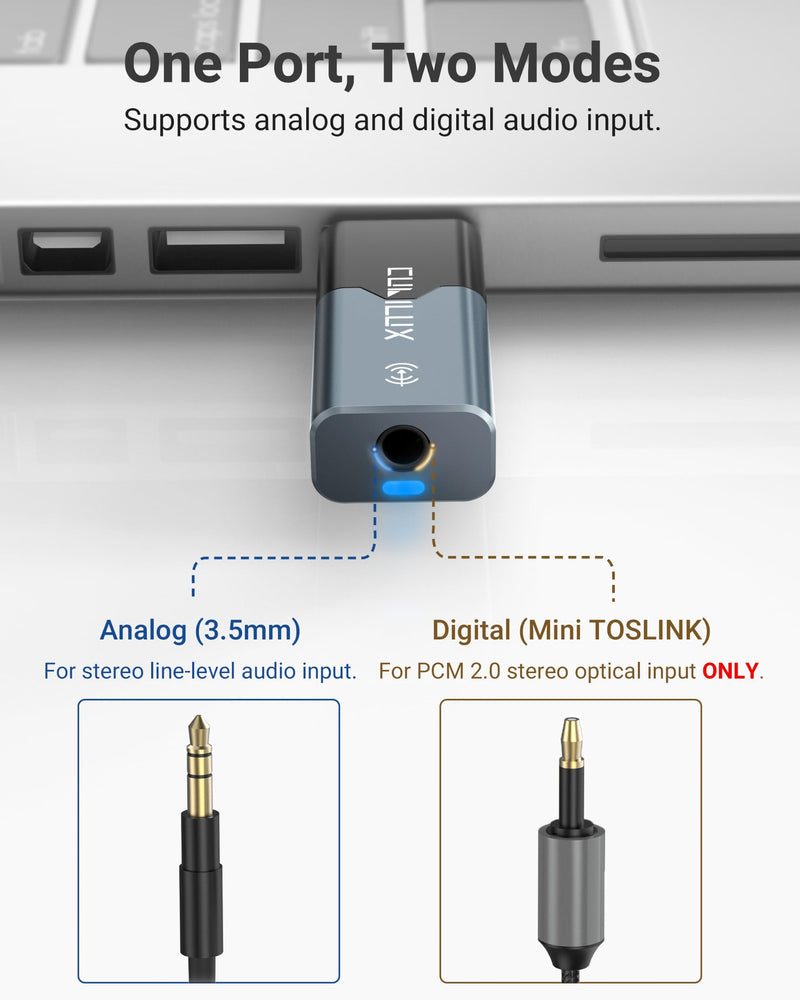 LA8 3.5mm Analog & Mini TOSLINK to USB Audio Capture Adapter | USB A Audio Capture Dongle, 1/8” Line-In / Mini Optical Input Audio Receiver