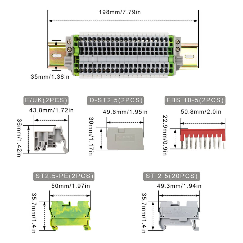 [AUSTRALIA] - Pack of 20 UK/2.5B DIN Rail for Pluggable Quick Wiring, SRJQXH Clamp Block, DIN Rail, with 20 cm DIN Rail and Earth Clamp, Spring Clamped Wire Clamp Not Loose ST-2.5N 