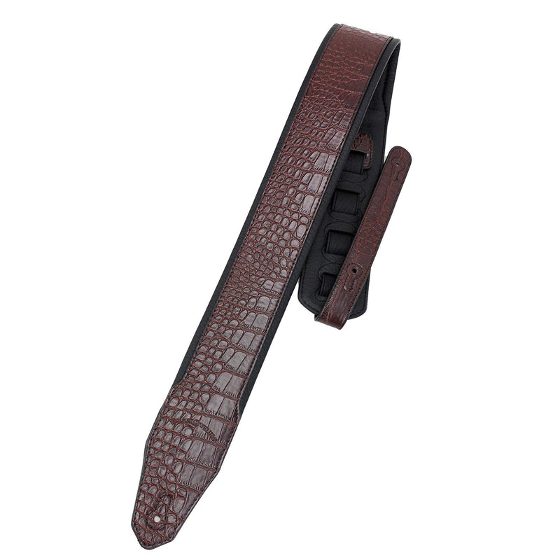 Walker & Williams F-12-C Cognac Brown 3" Wide Alligator Textured Padded Guitar Strap For Acoustic, Electric, And Bass Guitars