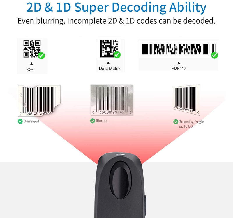2D Bluetooth Barcode Scanner with Charging Base Dual 2.4G Wireless + Bluetooth 1D 2D Barcode Scanner QR PDF417 Data Matrix UPC Rechargeable Bar Code Scanner for Laptops/PC/Android/Apple iOS