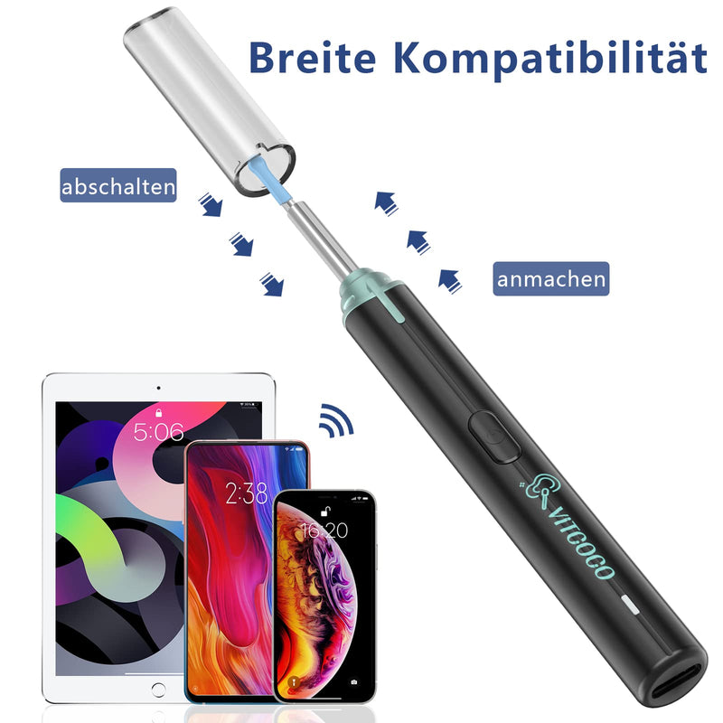 [AUSTRALIA] - Earwax Remover Otoscope, VITCOCO 1920P WiFi Ear Cleaner, IP67 Waterproof Otoscope Ear, 360° Wide Angle Otoscope Camera with 6 LEDs for Adults, Children and Pets (Black) Black 