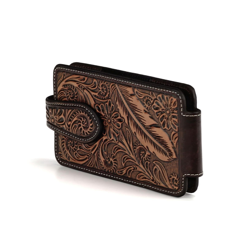 ARIAT Floral & Feather Leather Cell Phone Case, Belt Clip, Brown, Large | Leather construction, belt-clip carry, protective phone storage, western tooled detailing