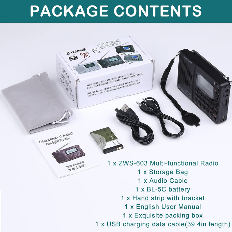 [AUSTRALIA] - ZHIWHIS Portable Bluetooth Radio, FM AM Shortwave Radios with Sleep Timer and Preset Function, Rechargeable Digital Recorder, Stereo MP3 Player with Lyric Display, Support Micro SD Card and AUX ZWS-603 (green backlight) 