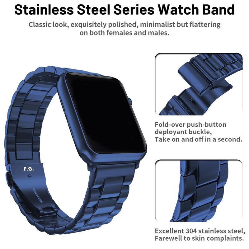 Fullmosa Compatible Stainless Steel Apple Watch Band 41mm/40mm/38mm Blue with Case & Compatible Leather Apple Watch Band 41mm/40mm/38mm,Black