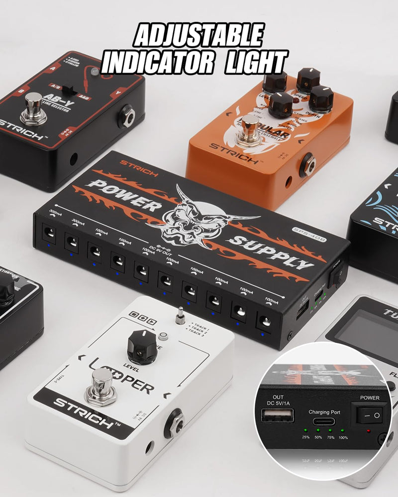 STRICH SPS-40B Pedal Power Supply with Built-in 10000mAh 10 Outputs DC 9V (2x300mA, 8x100mA) Jacks for Guitar Bass Pedals, Rechargeable Battery Guitar Effect Pedal Power, 5V/1A USB Port, Noiselessly