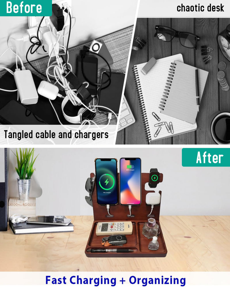 Wood Phone Docking Station with 4 USB 22.5W PD & QC3.0 Fast Charger,Nightstand Organizer for Men, Dual Phone Charging Station for iPhone Samsung Google Android,Anniversary Birthday Gifts for Men Him 8808