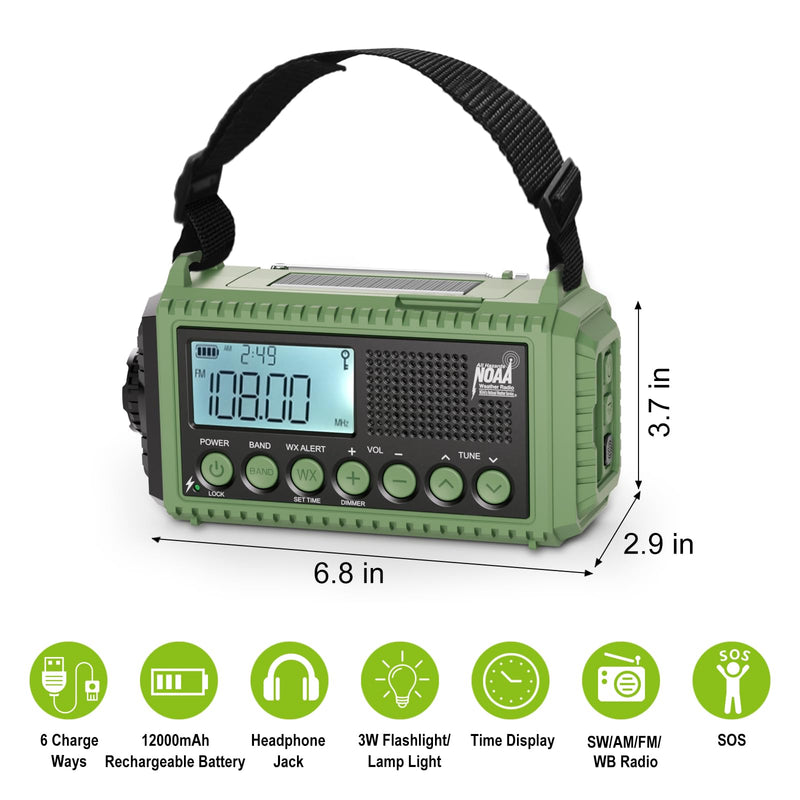 [AUSTRALIA] - Raynic Emergency Radio, 12000mAh/44400mWh Battery Operated Weather Radio, Solar Hand Crank Radio with AM/FM/SW/NOAA Alert, Cell Phone Charger, Type-C Charging, Flashlight and SOS Siren Olive-Green-LCD Display 
