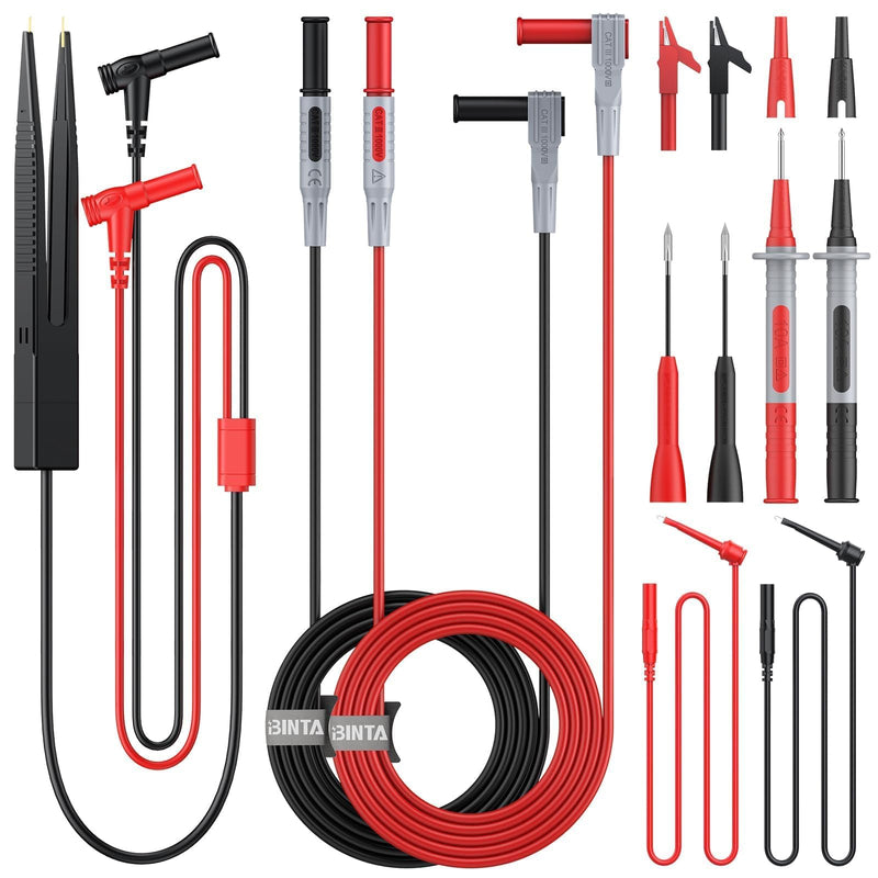 BINTA Silicone Multimeter Test Leads Set with Insulated Test Leads, Alligator Clips, Test Hooks, Test Probes, Test Tweezers, Professional Lead Kit for Digital Multimeter Testing CATII 1000V/ 19A 11PCS