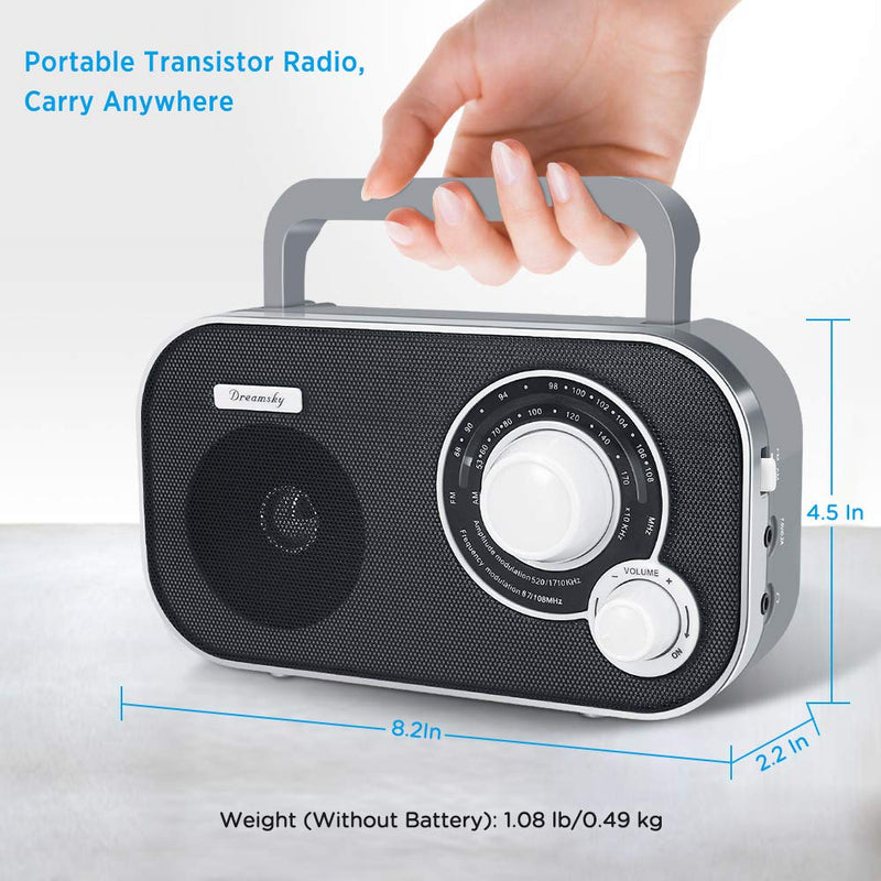 DreamSky AM FM Portable Radio Plug In Wall or Battery Operated for Home & Outdoor, Strong Reception & Sound, Large Dial Easy to Use, Transistor Antenna, Headphone Jack, Small Gifts for Seniors Elderly Grey