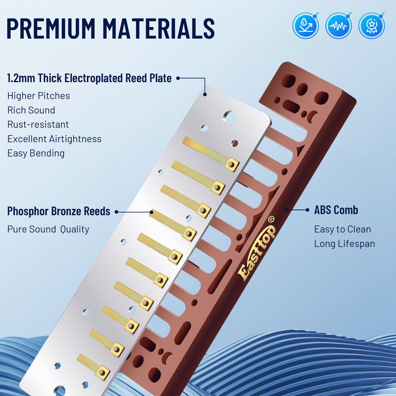 [AUSTRALIA] - East top Diatonic Harmonica Key of E, 10 Holes 20 Tones 008K Diatonic Mouth Organ Harmonica with Blue Case, Standard Harmonica For Adults, Professionals and Students blue-E 