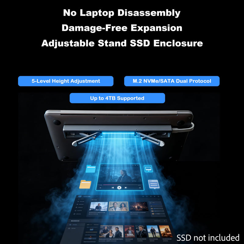 M.2 SSD External Portable Enclosure, USB 3.2 Gen2 NVMe SATA Dual Protocol Storage Box, Compact 2-in-1 Aluminum Enclosure with Laptop Stand for MacBook (For 14 & 15 Inch Laptops) For 14-Inch & 15-Inch Laptops