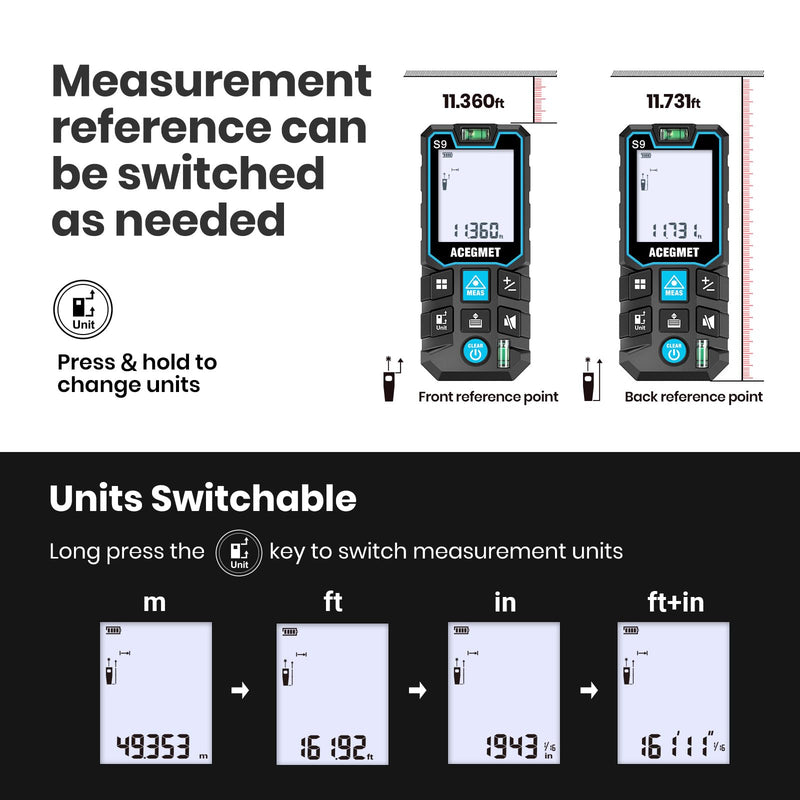 [AUSTRALIA] - ACEGMET Laser Measure, 393ft/120m Laser Measurement Tool, Laser Measuring Tool with 2 Bubble Levels, LCD Backlit Display, IP54 Waterproof, Pythagorean Mode for Distance, Area, Volume 