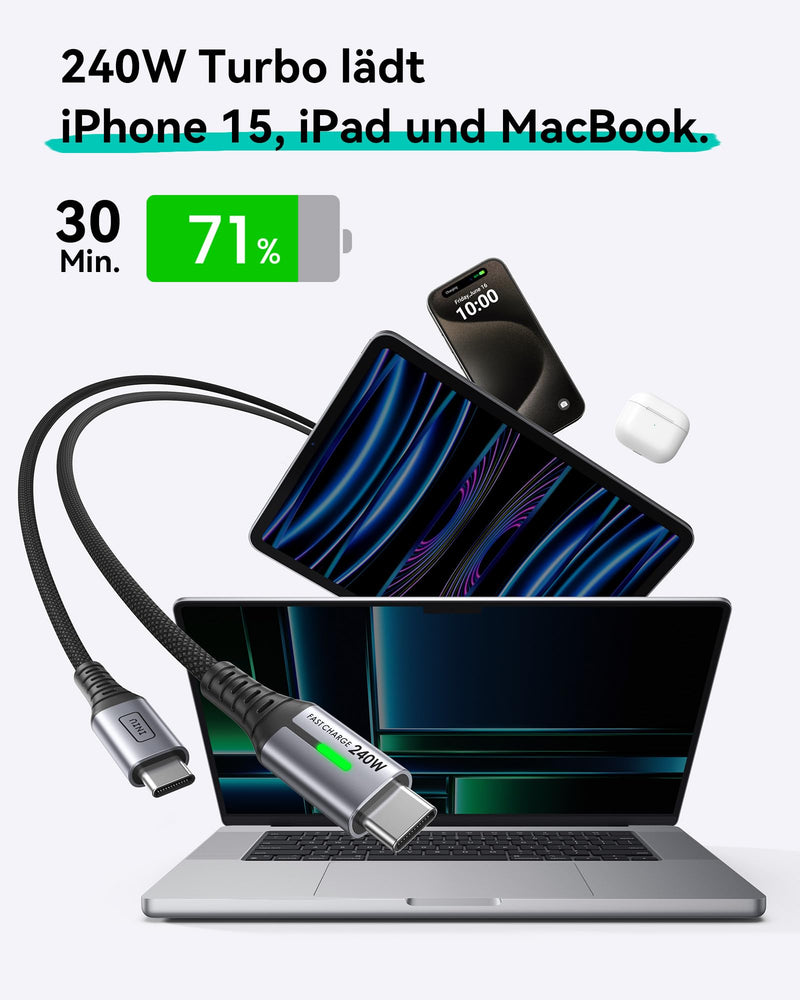 [AUSTRALIA] - INIU 240 W USB C Cable, [2 Pack 2 m] PD Fast Charging Cable USB C to USB C, Nylon Braided Charging Cable USBC Charger for iPhone 16 15 Pro Max Samsung Galaxy S25 S24 S23 Ultra Pixel 7 iPad Pro MacBook 2m + 2m With LED light 