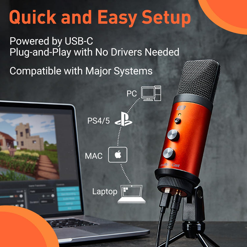 [AUSTRALIA] - ESI cosMik uCast | USB Microphone, Cardioid Condenser Computer Microphone for Gaming, Streaming, Podcasting, 2m USB-C Cable, Mute Button, Built-in Headphone Jack, Gain Control, USB Mic for PC & Mac cosMik uCast USB Microphone 