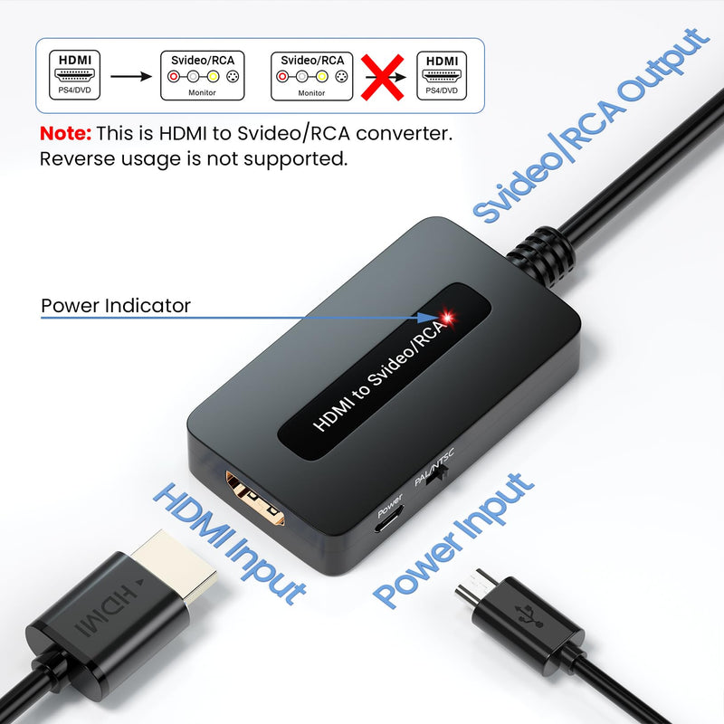 HDMI to S Video RCA Converter, 1080P HDMI to AV Composite S-Video 2 in 1 Converter for DVD/STB/PS3/PS4 to Display on Older TV with Svideo/RCA Inputs(Not Support 4k HDMI)
