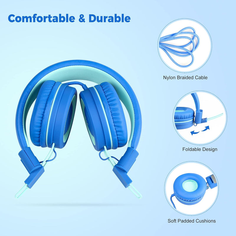 [AUSTRALIA] - Kids Headphones - noot products K11 Foldable Stereo Tangle-Free 3.5mm Jack Wired Cord On-Ear Headset for Children/Teens/Boys/Girls/Smartphones/School/Kindle/Airplane Travel/Plane/Tablet (Navy/Teal) Navy/Teal 