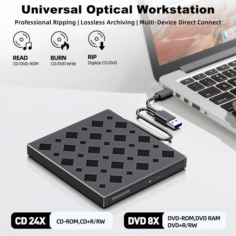 [AUSTRALIA] - 8-in-1 External DVD Drive USB 3.0 Type-C CD Burner with SD/TF Card Reader & USB Hub, Plug & Play Portable CD/DVD +/-RW Drive for Laptop Desktop PC, Compatible with Windows Mac OS, Linux 8 IN 1 Diamond Shape 