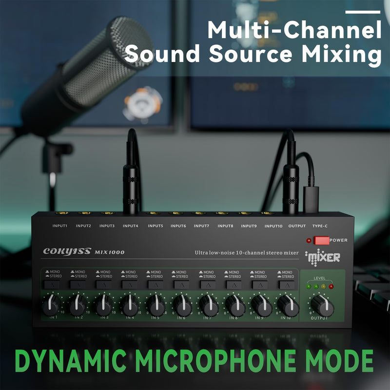 COKYISS® Small Mini Audio Mixer,10-Channel,Stereo Line Mixer for Sub-Mixing,Ultra Low-Noise,Microphone Independent Control,1/4" TRS Input/Output,for Bars,Guitars, Bass, Keyboards Mixer MIX1000