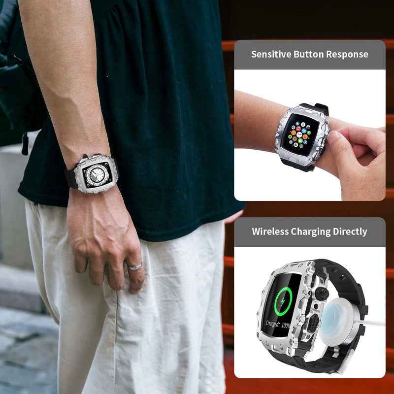 Luxury Rugged Case with Band Compatible for Apple Watch Series 9 8 7 45mm / SE 6 5 4 44mm, Metal Alloy Military Protective Bumper Cover, Tactical Heavy Duty Full Body Protection for Men iWatch Silver Black