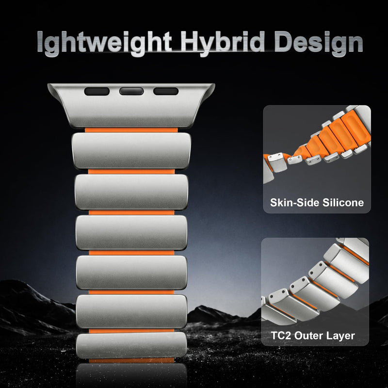 Magnetic Metal Band for Men, Compatible with Apple Watch 42-49mm | Luxury Titanium Silicone Strap, Lightweight Sport Band for iWatch Series 1/2/3/4/5/6/7/8/9/10/11/SE, Fits 5.4"-7.7" Wrists Titanium + Orange