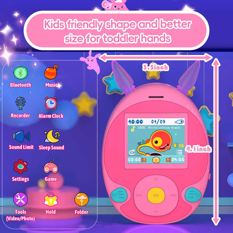 64GB MP3 Player for Kids, Kids MP3 Player with Bluetooth,Speaker, Games, Recorder, Ear Lights,Soothing Sounds, Alarm Clock, Stopwatch and 100hrs Loseless Music Playback(Support up to 128GB) pink