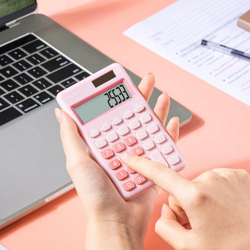 deli Standard Function Basic Calculator, 12 Digit Desktop Calculator with Large LCD Display, Solar Battery Dual Power Office Calculator, Pink Small Pink