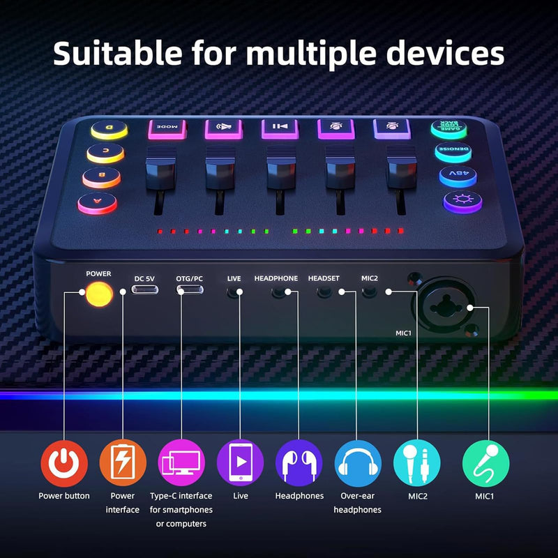 Portable Sound Card Wireless Live Streaming Audio Mixer for Podcasting Karaoke Gaming Noise Reduction RGB Lights 4-Custom Recording Buttons BT5.0 Compatible with PC/Phone