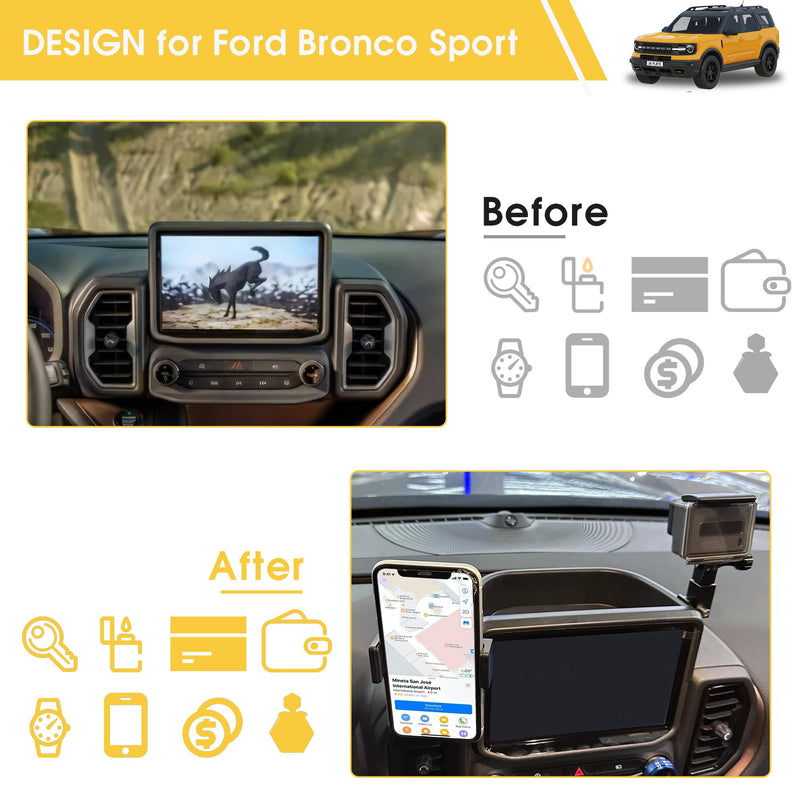 sukemichi Dash Phone Mount for Bronco Sport, Cell Phone Holder & Camera Mount, Multi-Function Dashboard Phone Holder Mount with Tray for 2021-2024 Ford Bronco Sport Accessories 2 Door 4 Door