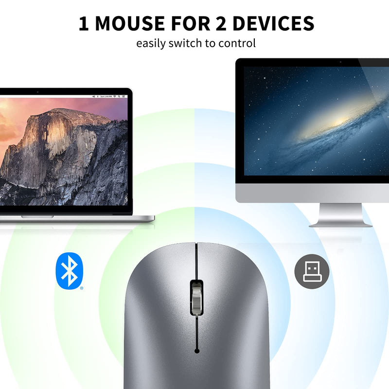 TECKNET Rechargeable Bluetooth Mouse for MacBook Pro/iPad/Laptop/Windows, Slim Silent Wireless Mouse Bluetooth 5.0/3.0 2.4G Portable Optical Cordless Mice with USB Receiver 4 Adjustable DPI