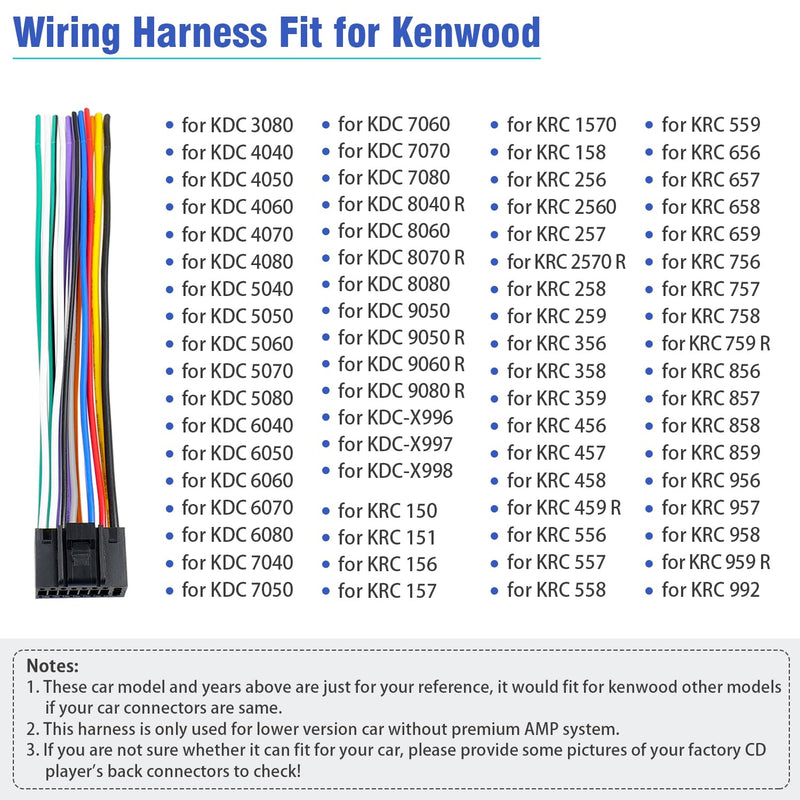 16Pin Radio Wire Harness Compatible with Kenwood ISO Stereo Wiring Harness Plug, Fit for KDC KRC Car Radio Adapter Non AMP