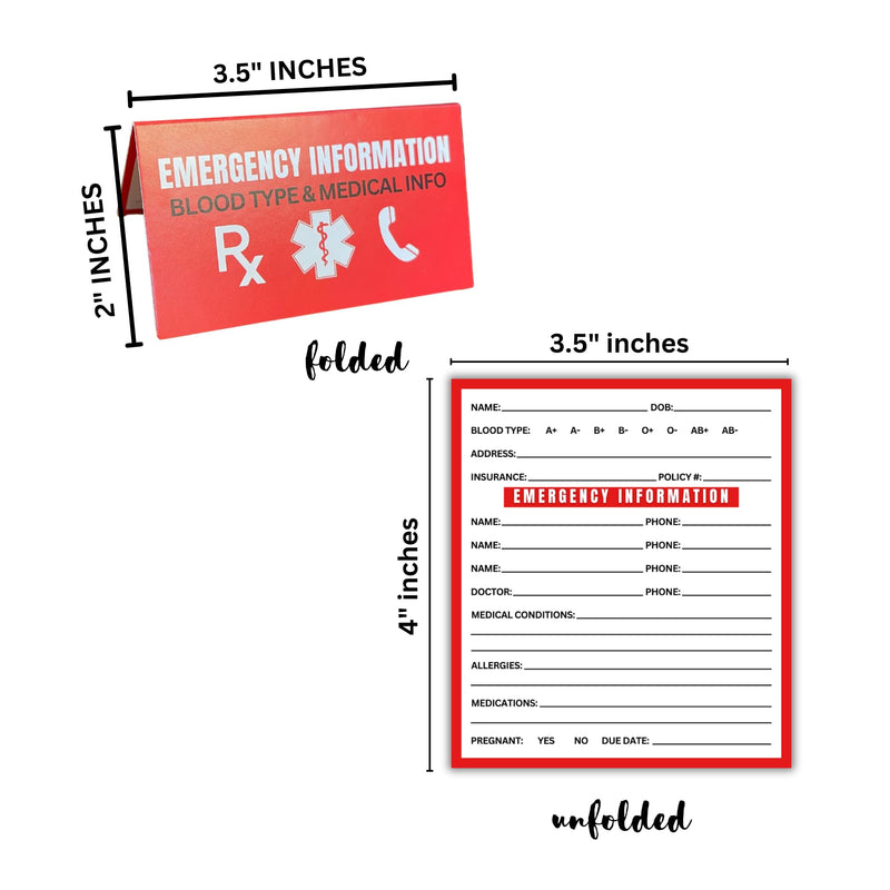 Medical ID Information In Case of Emergency Folded Wallet Card | 10pk 2x3.5” Folded Contacts Doctor Allergies Medications Write In Blood Type
