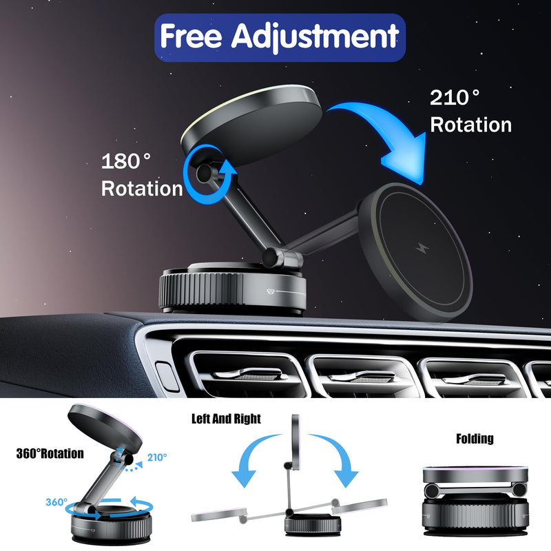 Magnetic Phone Holder for Car Wireless Charging, 15W Fast Wireless Car Charger with Vacuum Suction, 360° Adjustable Magnetic Mount for Dashboard & Windshield, Hands-Free for MagSafe iPhone & Android for Magnetic General PM