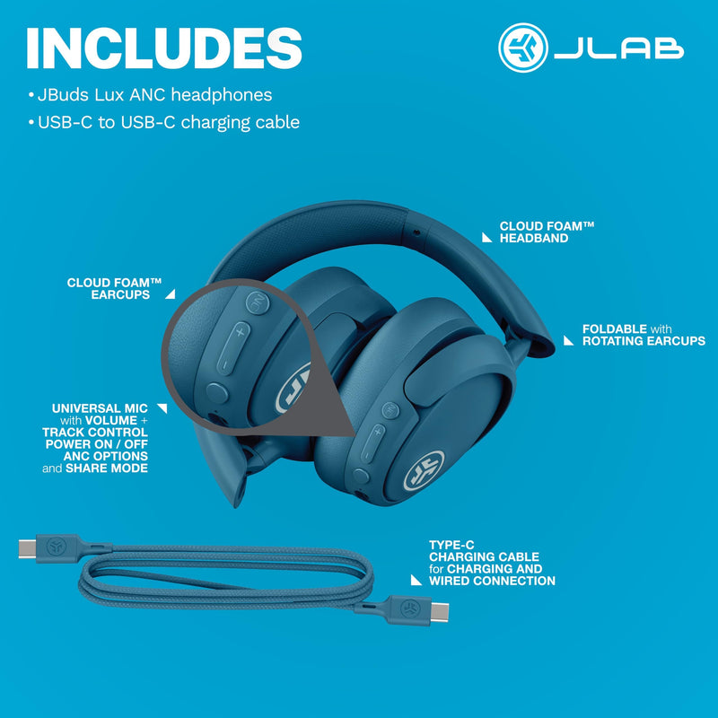 JLab JBuds Lux ANC, Over Ear Headphones, Active Noise Cancelling, Bluetooth, Limited Edition Navy Navy (Limited Edition)